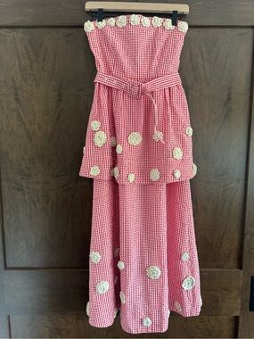NWT Eddy Daisy Dress x Rainey Collaboration Red Gingham & Cream Crochet Flowers